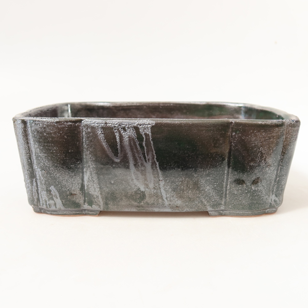 Kerámia bonsai-tál, 20,5 x 17,5 x 7 cm, fémzöld színű