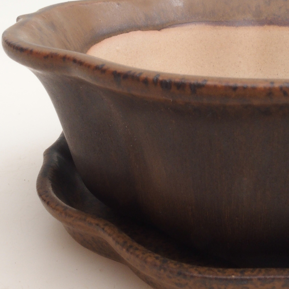 Bonsai tál + csészealj H06 - 14,5 x 14,5 x 5 cm. - barna