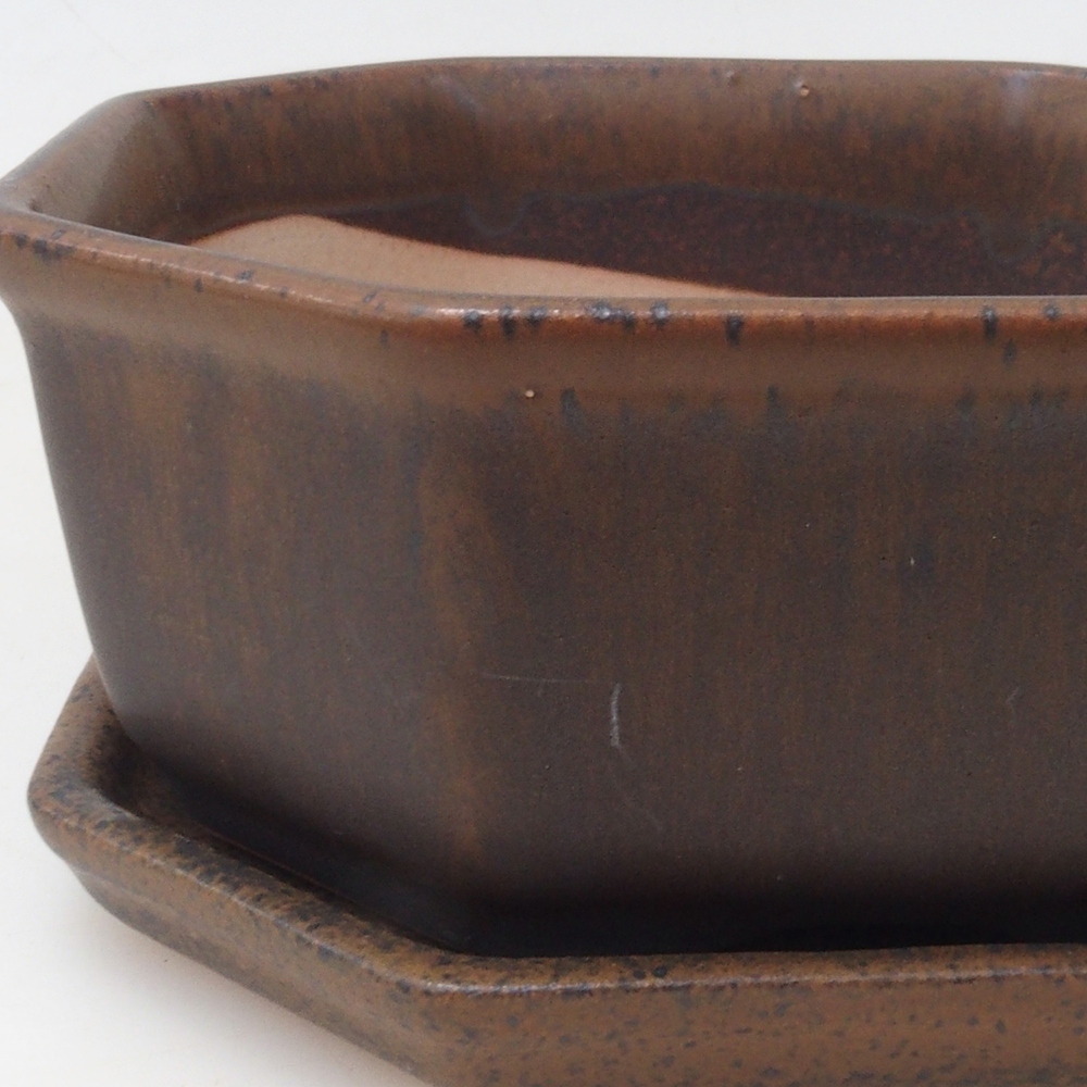 Bonsai tál + csészealj H13 - 12,5x12,5 x4,5 cm. - barna
