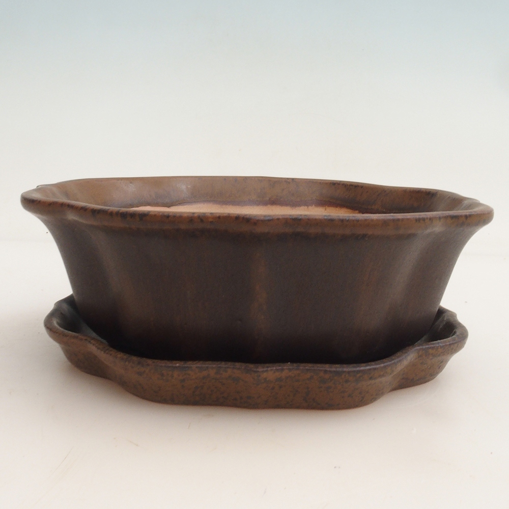 Bonsai tál + csészealj H06 - 14,5 x 14,5 x 5 cm. - barna