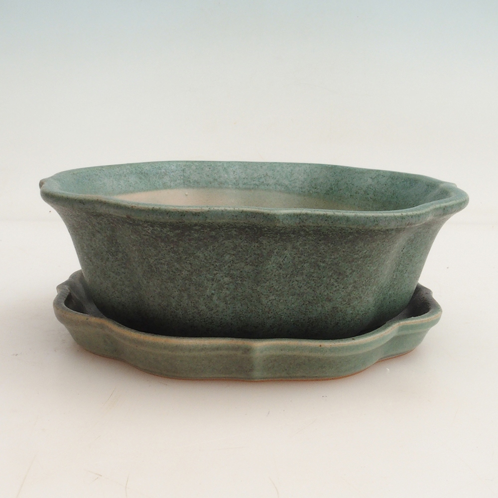 Bonsai tál + csészealj H06 - 14,5 x 14,5 x 5 cm. - zöld