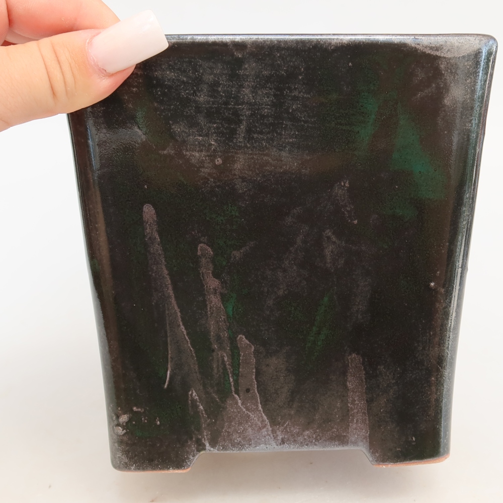 Kerámia bonsai tál, 13 x 13 x 14 cm, fémzöld színű