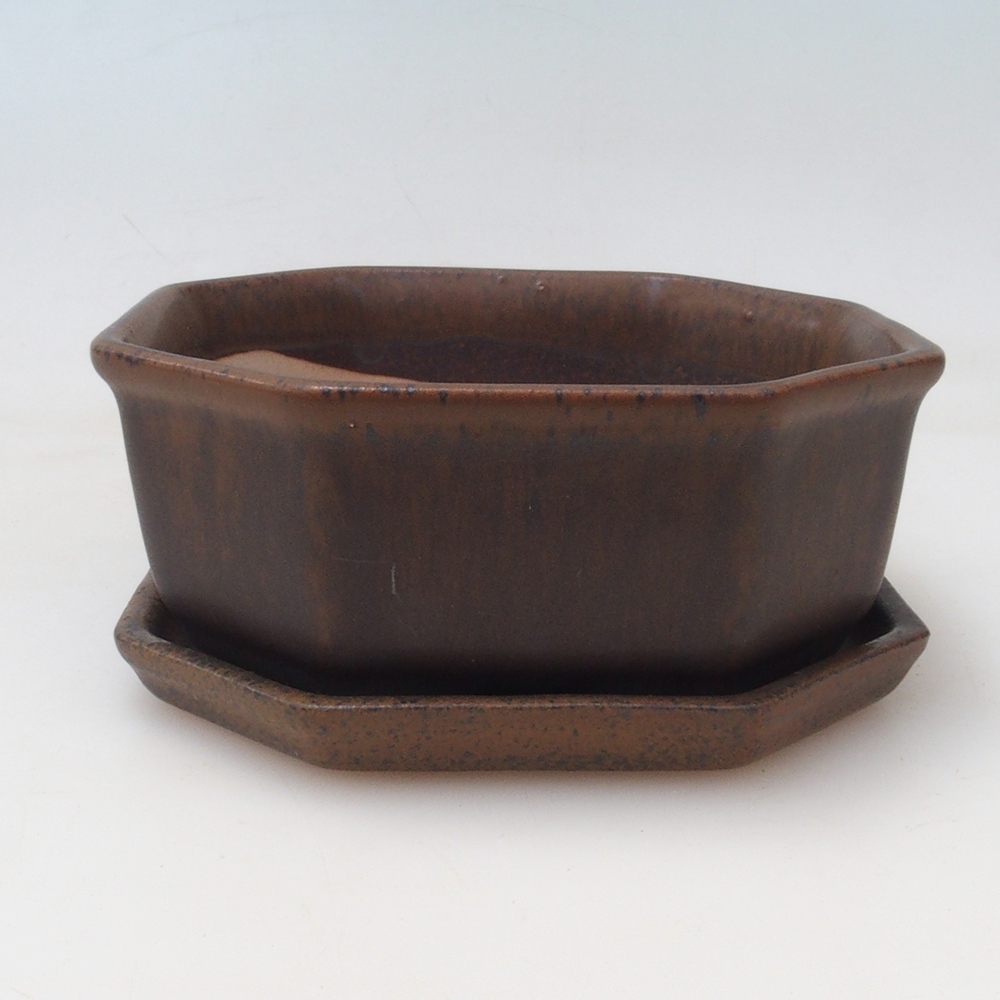Bonsai tál + csészealj H13 - 12,5x12,5 x4,5 cm. - barna