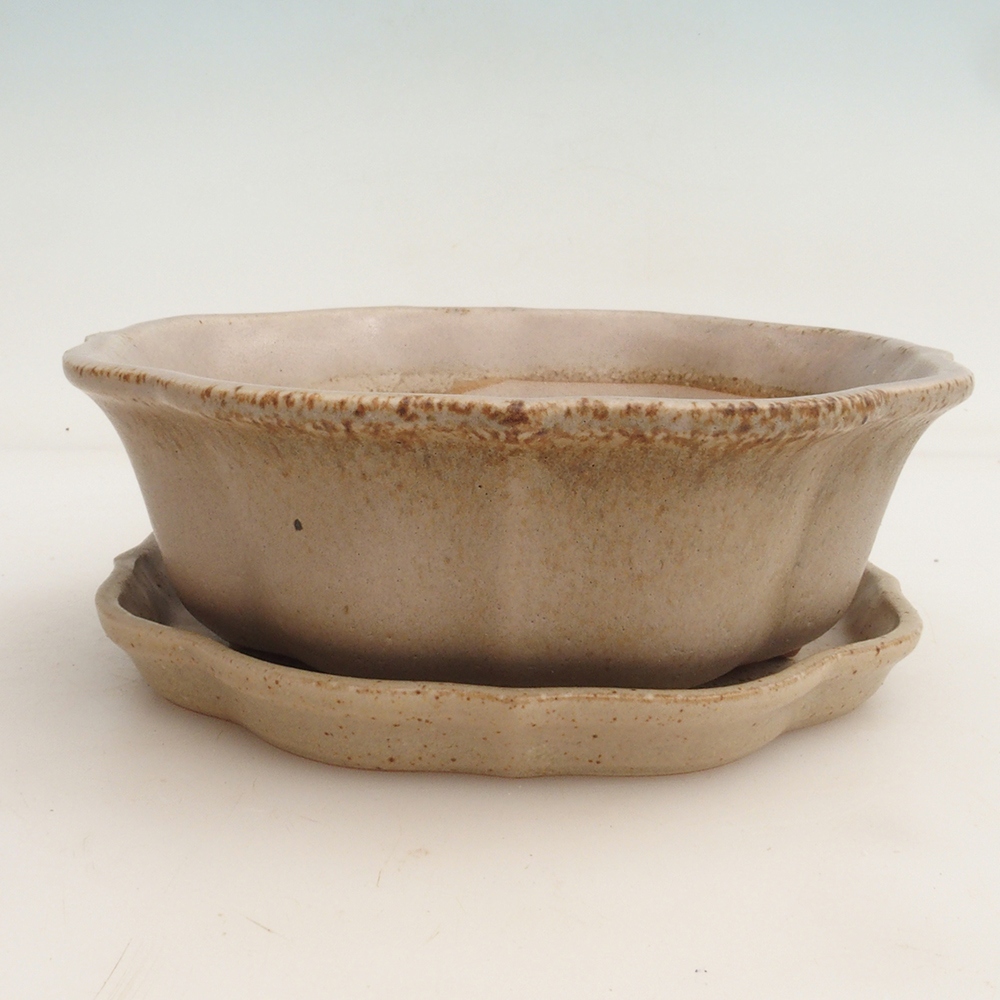 Bonsai tál + csészealj H06 - 14,5 x 14,5 x 5 cm. - bézs színű